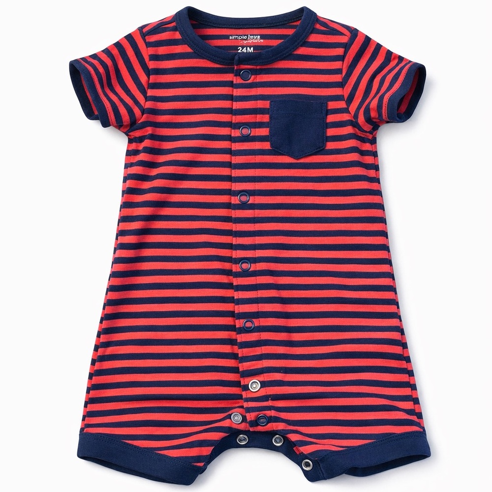 Toddler Red & Navy Striped Short-Sleeve One-Piece Romper